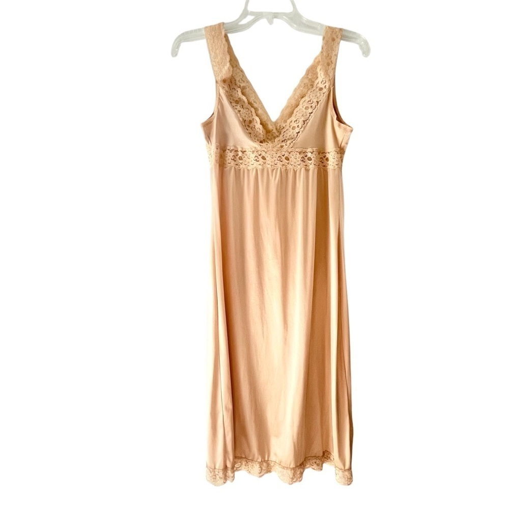 Vintage Vassarette Champagne Lace Trim Slip Sz 36 L Slip Pajama Dress Nightgown